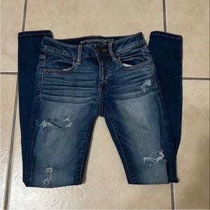 American Eagle Outfitters Blue Skinny Jeans with Distressed Details